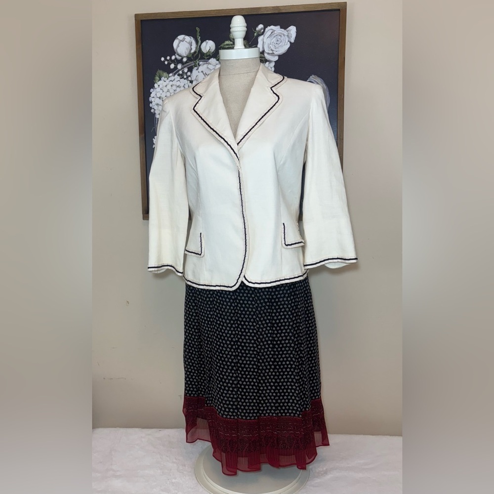 Anne Klein Cream Linen Blazer Pleated Skirt Set